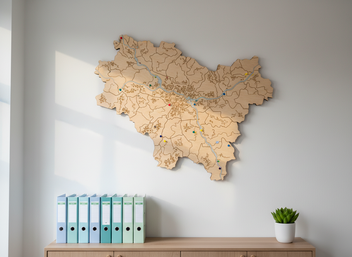 A stylized wall map of the Fulda region made of laser-cut light wood, mounted on a matte white wall in a small office, with tiny colored pins marking various anonymous locations. Below the map stands a simple sideboard holding labeled-free ring binders in soft blues and greens, and a small plant. Natural daylight from a nearby window creates subtle reflections on the wooden surface and crisp, clean shadows. Photographic realism with a straight-on composition and moderate depth of field emphasizes coordination, networking, and regional reach of support services for Pflege- und Adoptivfamilien, while keeping all details non-identifying and professional.
