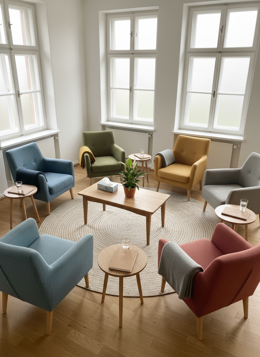 A cozy corner of a community meeting space featuring a semi-circle of empty, well-used fabric armchairs in different muted colors, each with a folded blanket over the armrest and a small side table holding a glass of water or a closed notebook with no readable writing. In the center stands a low wooden coffee table with a box of tissues and a simple potted plant. Diffused overcast light enters through large windows, creating a calm and welcoming atmosphere. Photographic realism from a slightly elevated angle emphasizes the circle shape, suggesting open exchange and mutual support among Pflege- und Adoptivfamilien while carefully respecting privacy and anonymity.