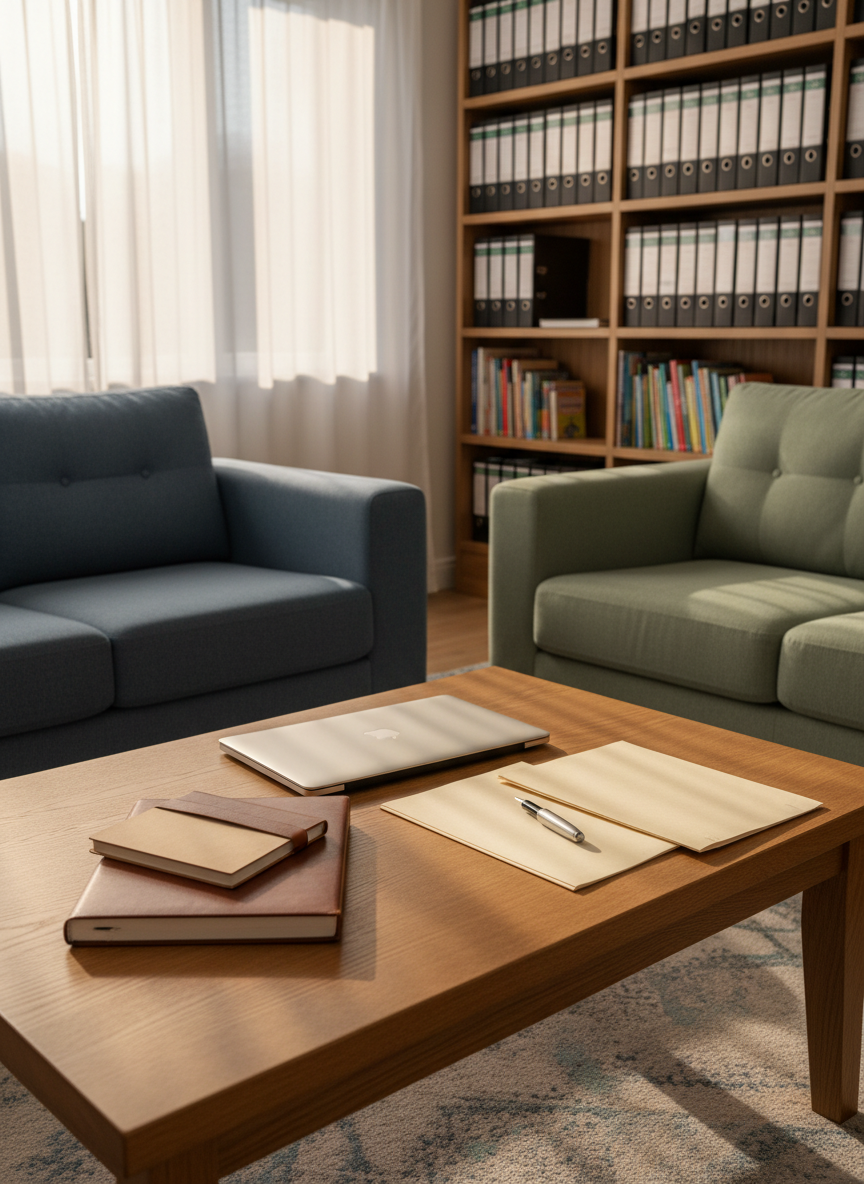 A quiet living-room-style consultation space, centered on a solid oak coffee table with a closed laptop, a leather-bound notebook with an uncapped pen resting on top, and a pair of neatly stacked, nameless folders. Soft-textured sofas in different complementary tones form a discreet seating area in the background, with a large bookshelf filled with anonymous binders and children’s books turned spine-in to avoid legible titles. Late-afternoon golden light filters through sheer curtains, casting gentle, elongated shadows. Photographic realism with a medium-wide, eye-level composition creates a safe, respectful, non-staged environment that suggests confidential conversations and individualized support for foster and adoptive care topics.