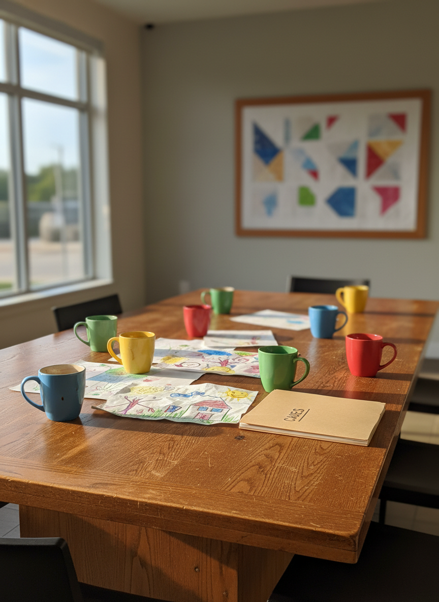 A large, gently worn wooden dining table symbolizing a family gathering, scattered with colorful ceramic mugs, hand-drawn children’s artwork, and a neatly stacked folder of anonymous case documents with no visible text. The table sits in a bright, modern community room with soft neutral walls and a bulletin board in the background covered by abstract patterns instead of readable notices. Warm afternoon light pours through a tall window, creating soft, comforting shadows. Photographic realism at eye level, with a shallow depth of field focusing on the table’s textures and objects, conveys authenticity, discretion, and quiet support for foster and adoptive families without showing any people.