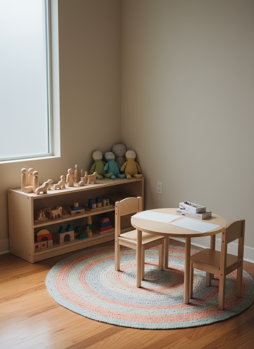 A serene play corner in a counseling center, with a low wooden shelf filled with carefully chosen, non-branded toys: simple wooden figures, soft fabric animals without faces, and colorful building blocks. A small round rug in gentle pastel tones anchors the space, beside a low table set with blank paper and closed boxes of crayons. Soft natural light filters through a high window, with smooth, diffused shadows creating a safe, non-intrusive atmosphere. Photographic realism from a child-height, eye-level perspective emphasizes mindful, non-stereotypical support for children in Pflege- und Adoptivfamilien, while rigorously protecting privacy and avoiding any human presence.